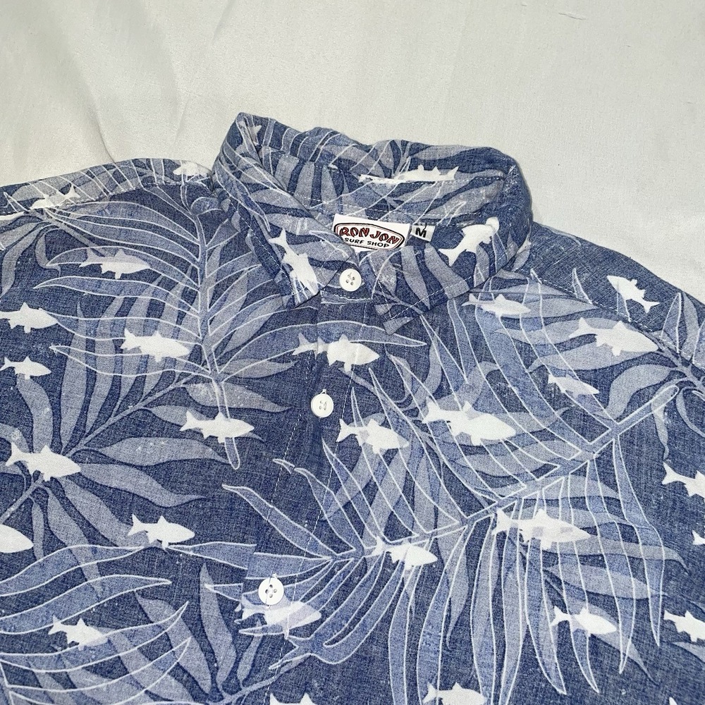 Ron Jon Surf Shop Mens Medium‎ Rayon Aloha Shirt Fish Palm Blue Red